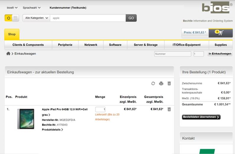 Auswahl von Artikeln im Lieferantenshop + Übertragung an SAP